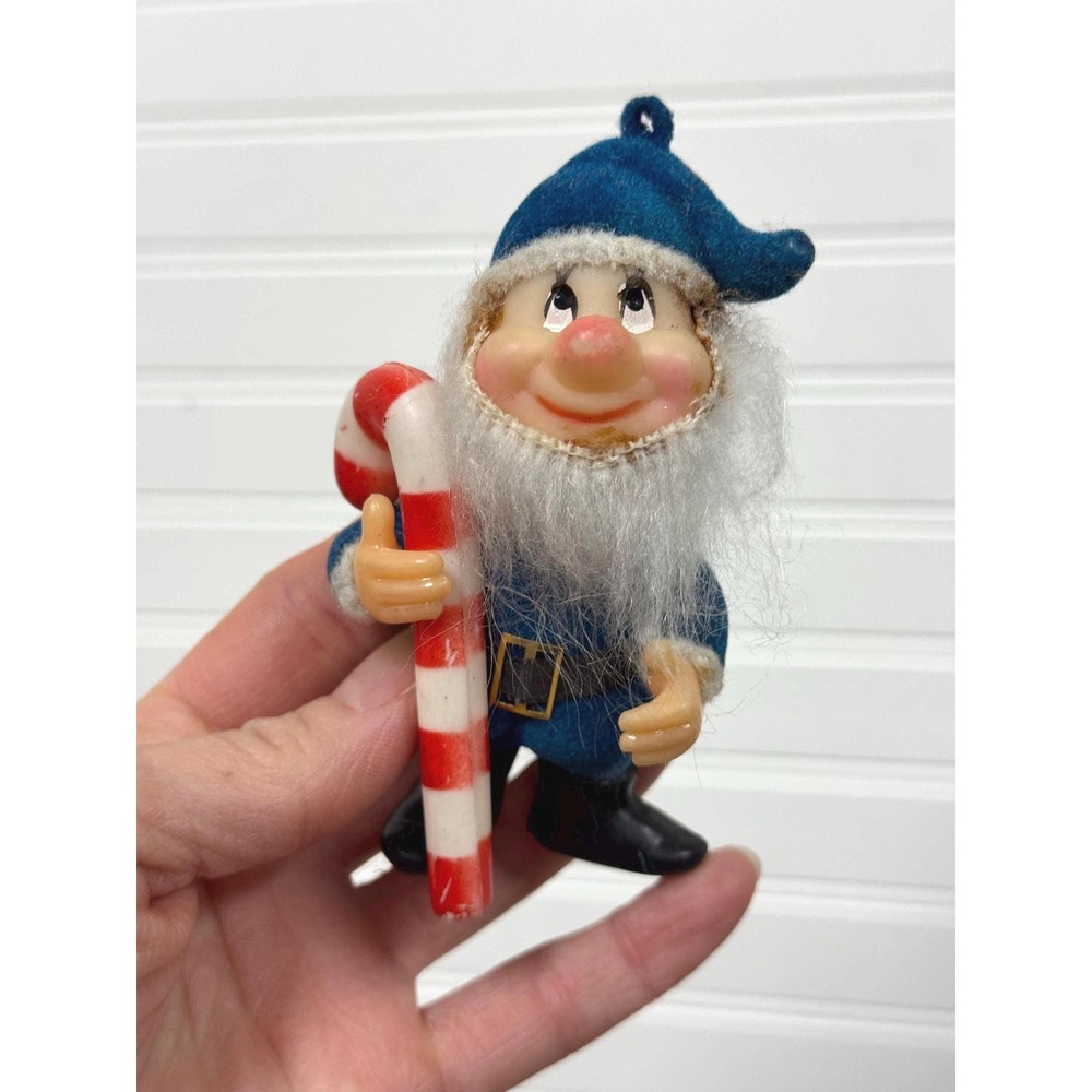 Vintage Flocked Blue Elf Ornament –‎ Christmas Dwarf with Candy Cane